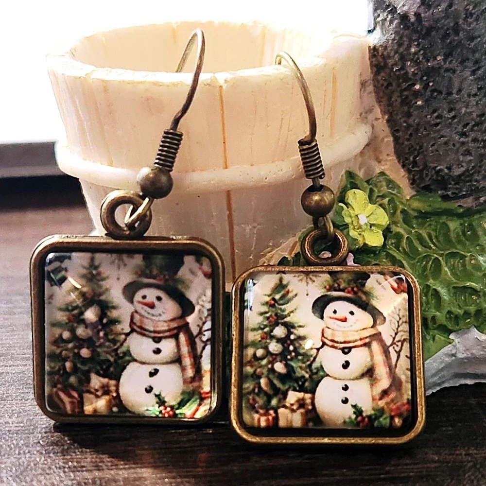 Vintage Style Snowman Christmas Tree Square Bronze Drop Earrings Holiday Jewelry